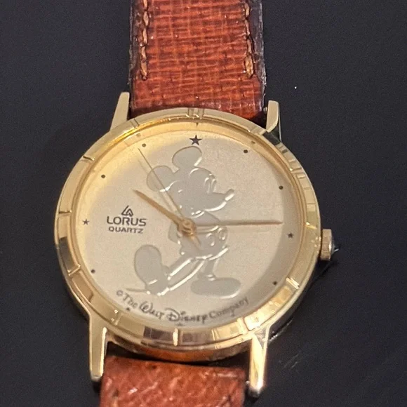 Vintage Mickey Mouse Disney watch Brown Leather Strap Watch with Gold Dial - Picture 5 of 5